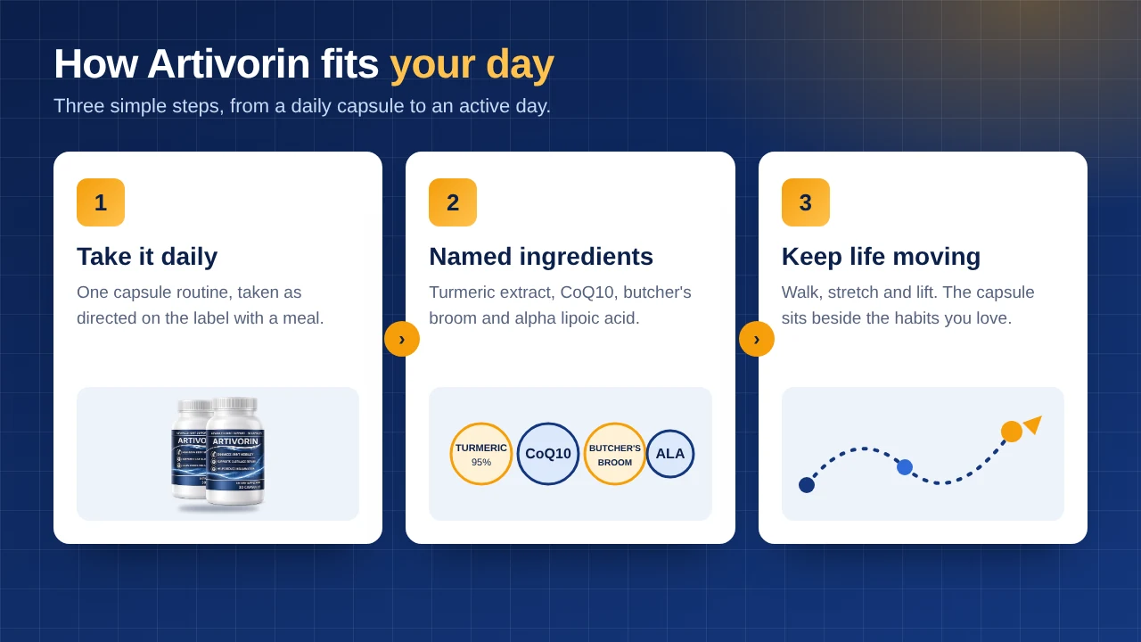 How Artivorin fits your day: a daily capsule, named ingredients and everyday movement